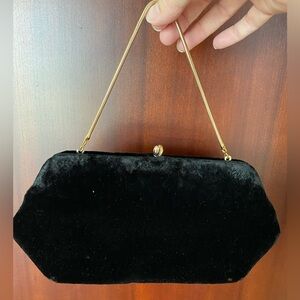 Stunning Black Velvet Vintage Evening Bag with Gold chain Handle & Kisslock Top